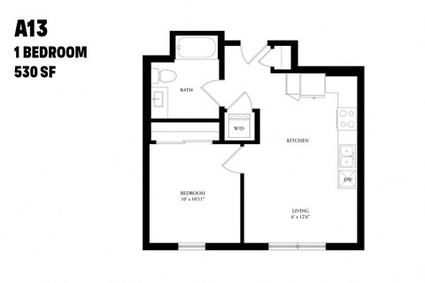 Floor plan for 1 bed, 1 bath, 530 sqft